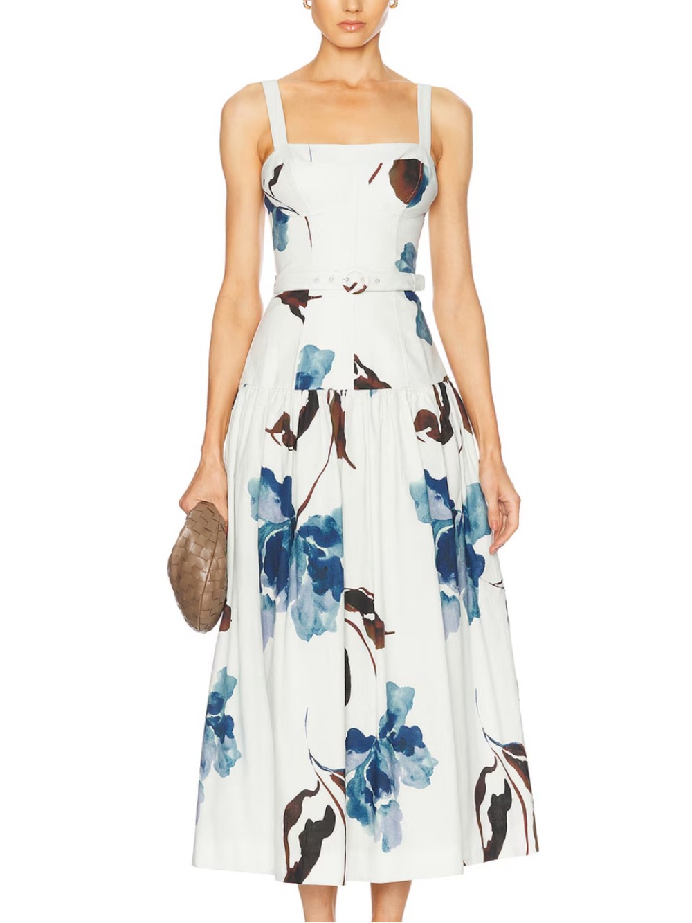 NICHOLAS White Midi Dress with Blue Floral Print and Brown Accents